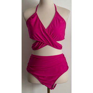 Women's Unbranded Fuchsia Wrap Halter High Waist Bikini 1X